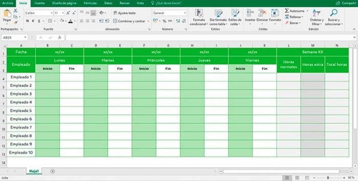 tabla Excel control horario